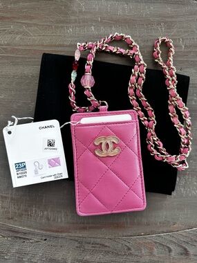 CHANEL Pink Quilted Leather Card Holder with Gold Chain